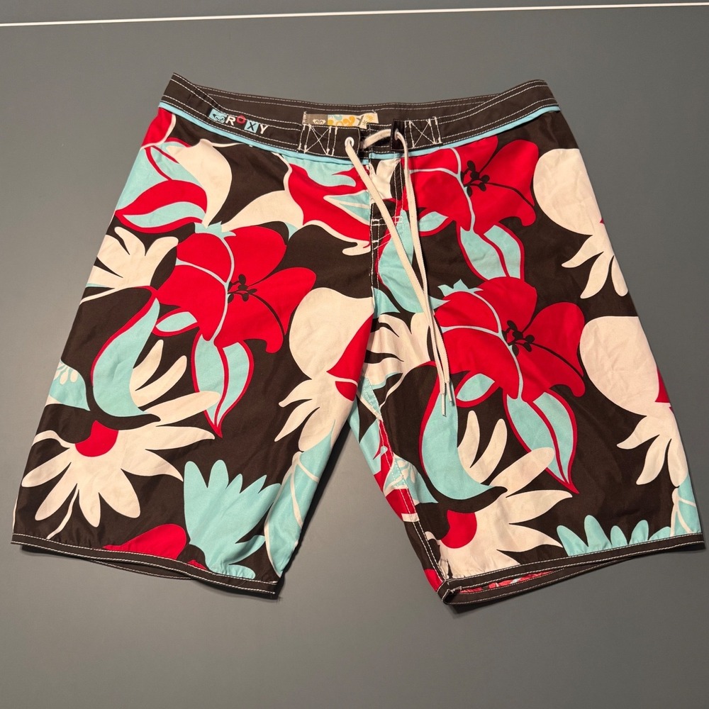 Vintage Roxy Y2K Hibiscus Floral Board Shorts Brown Red Blue Size 9